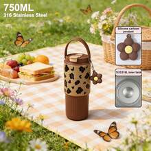 750ML Insulated Water Bottle With 316 Stainless Steel, Portable Handheld Travel Cup With Silicone Cartoon Pendant & Leakproof Lid, Cherry/Heart/Leopard Print For Women & Girls - Multicolor - View 2