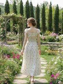 French Retro Botanical Graffiti Square Collar Tie Waist Dress, Women's Spring/Summer 2025 New Beach Vacation Style Elegant - Apricot - View 4