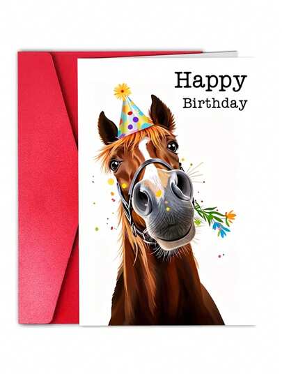 1pc Cute "Happy Birthday" Horse Greeting Card With Pink Envelope, Party Hat Horse Illustration, Perfect Birthday Card For Horse Lovers, Friends & Family