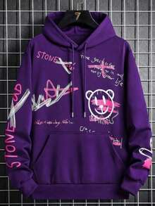 Streetwear Kangaroo Hoodie With Various Prints - 紫色 - 查看 1