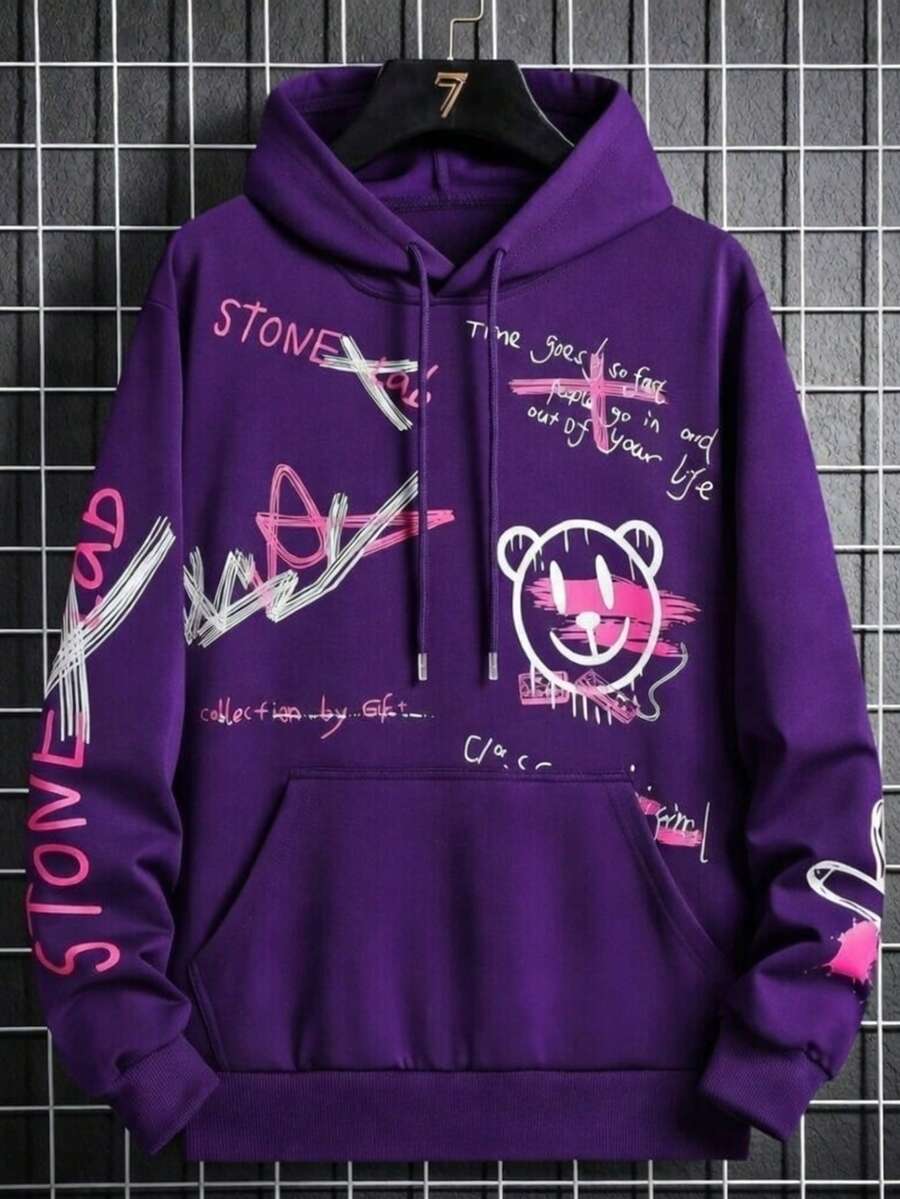Streetwear Kangaroo Hoodie With Various Prints - 紫色 - 查看 1