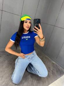 Women's Cropped Blouse With Brazil Logo, Round Neck, Short Sleeves, World Cup 2026 - Blue - View 2