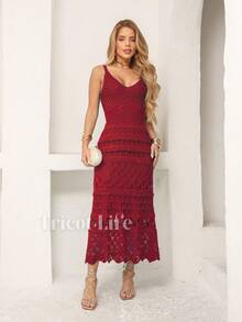 Women's Midi Dress, Knit With Lace, Party, Beach, Sophisticated, New Year's Eve, Christmas, Vacation, Beach, Wedding, Bridesmaid - 焦紅色 - 查看 9