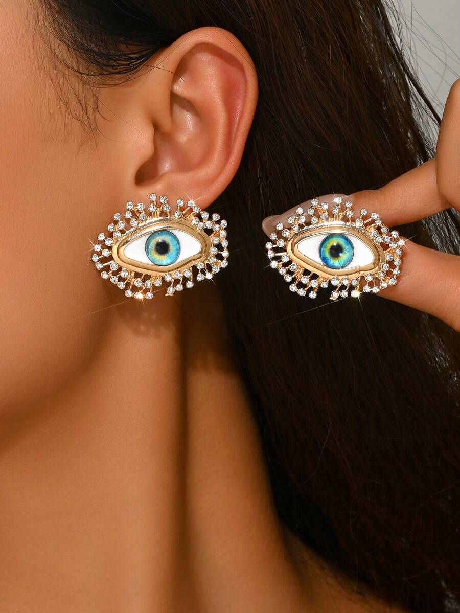 2pcs Gothic Style Demon Eye Jewelry Vintage Electroplated Alloy Rhinestone Stud Earrings For Women, Including Unique Blue Eye Earrings, Suitable For Daily, Party, And Outfit Matching - Multicolor - View 1
