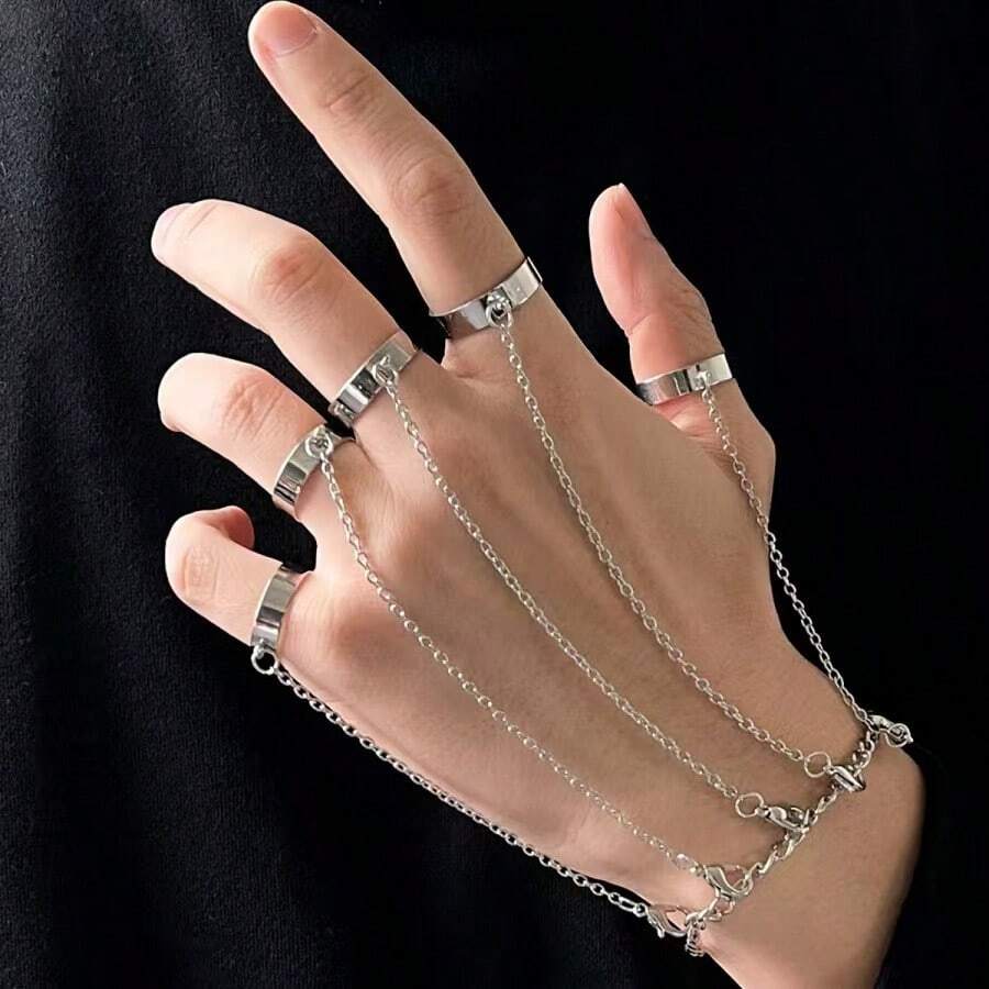 1pc Personalized Metal Chain Finger Ring Bracelet, Men's Hip Hop Street Fashion Cool Party Wear - White - View 1