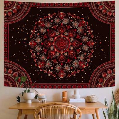 1PC Accnicc Bohemian Mandala Tapestry, Hippie Style, Bohemian Style, Floral Pattern, Beautiful, Compact, Vintage, Black, Red, Style Tapestry, Suitable For Bedroom, Living Room Decoration, Dormitory, Wall Banner, No Power Required, Keepsake | Durable Wall Art.
