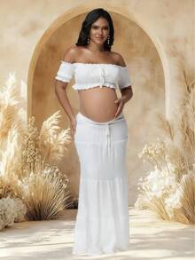 JustVH Set de 2 piezas de top corto con hombros descubiertos y volantes en el bajo, y falda larga fluida, adecuado para fotografía y uso en la playa - Blanco - Ver 6