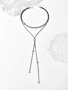 1pc Minimalist Vintage Black Cord With Metal Ball Multilayer Y-Necklace, Suitable For Daily Wear, Party, And Vacation - Gold Pattern - View 4