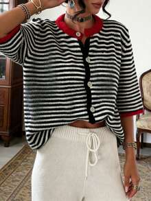 2026春夏新款女士黑白条纹毛衣，适合情人节和节假日穿着 - 黑與白 - 查看 3