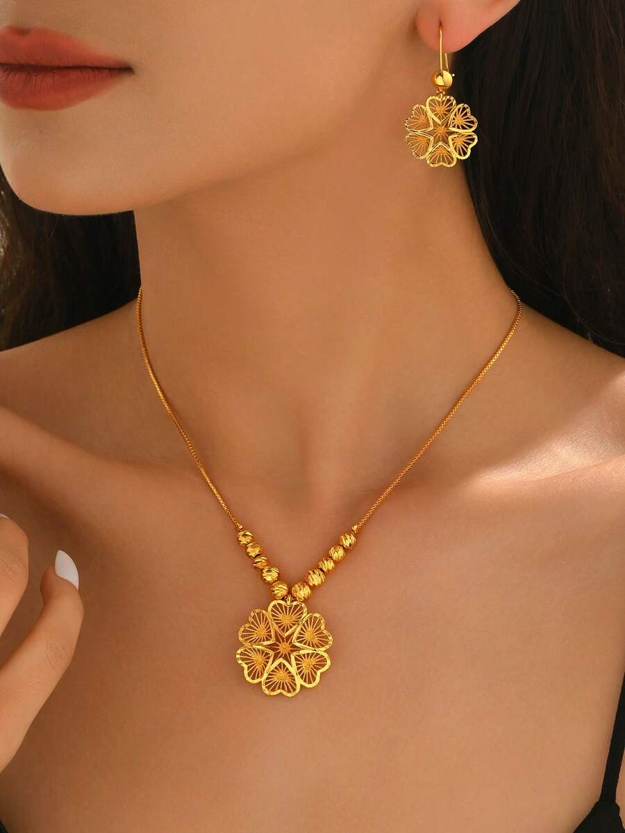 3件套优雅简约镂空花朵项链耳环套装，适合女士参加派对、宴会、约会等场合佩戴。 - 金色 - 查看 1