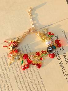 1条红色樱桃串珠手链，蝴蝶结爱心星星女孩手链，可爱樱桃十字架手链，幸运蓝色樱桃星星手链，复古爱心手链 - 寶藍色 - 查看 10