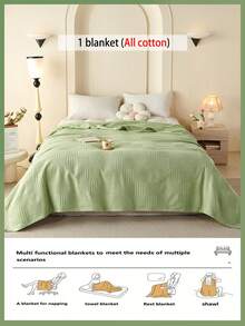 1pc Soft & Comfortable New Waffle Gauze Blanket - 100% Pure Cotton, Skin-Friendly, Solid Color, Suitable For Bed, Sofa, Pillow - Perfect For Relaxation And Snuggling - Quietly Weaving Words In Light Green - View 3