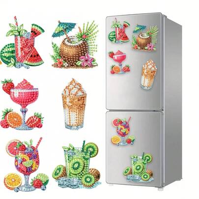 6pcs Diamond Art Fridge Magnets, Summer Fruit & Beverage Diamond Painting Decor DIY Diamond Painting Magnet Kit For DIY Crafts Gifts Fridge Mailbox Decoration