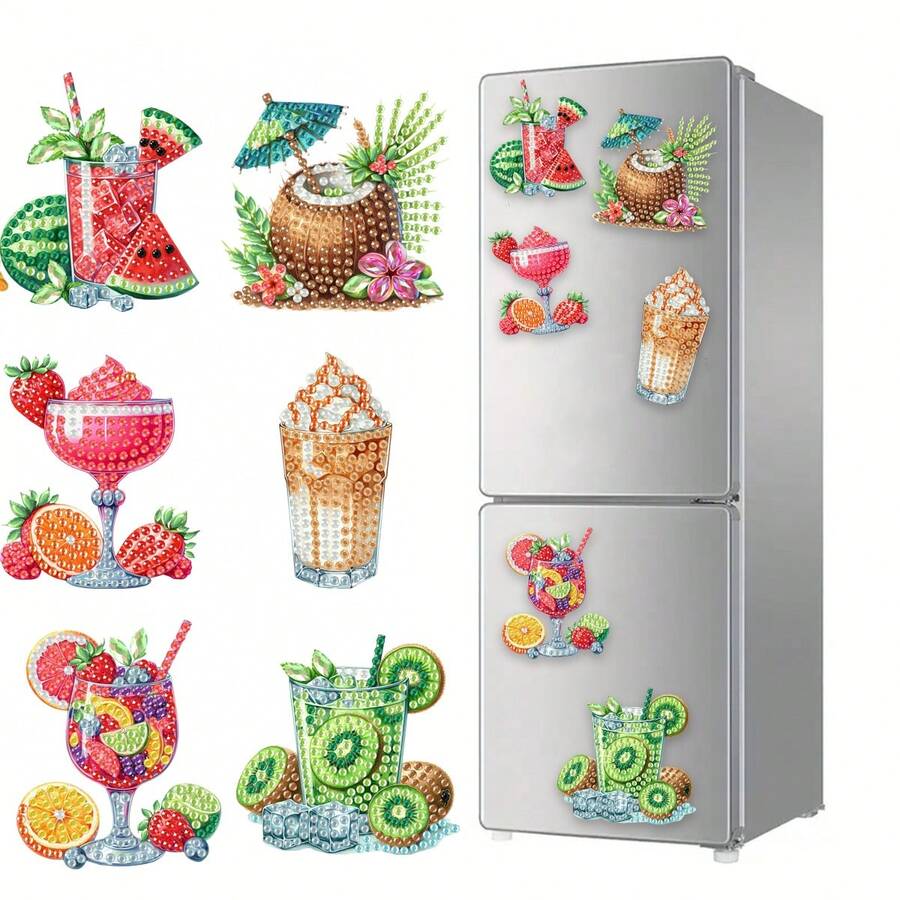 6 piezas Imanes de nevera de arte de diamantes, decoración de pintura de diamantes de frutas y bebidas de verano para manualidades, regalos, decoración de nevera y buzón - Ver 1