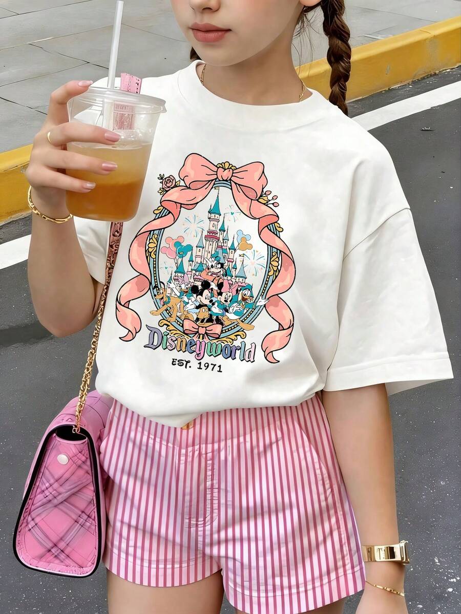 Summer Tops,Disneyworld Print Graphic Tee, Perfect For Cute Girls. Teen Girl Gift,Comfortable And Breathable Children's Short-Sleeved T-Shirt. 180g Pure Cotton Children's Clothes,Suitable For Both Boys And Girls.Suitable For Daily Wear, Vacations, Outdoor Activities, And As A Children's Gift. - 白色 - 查看 1