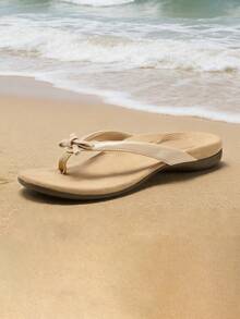 Women's Low Wedge Flip Flops Bow Knot Arch Support Orthopedic Thong Slides Sandals Comfortable Dress Walking Summer Vacation Sandals Shoes - Màu be - Xem 2