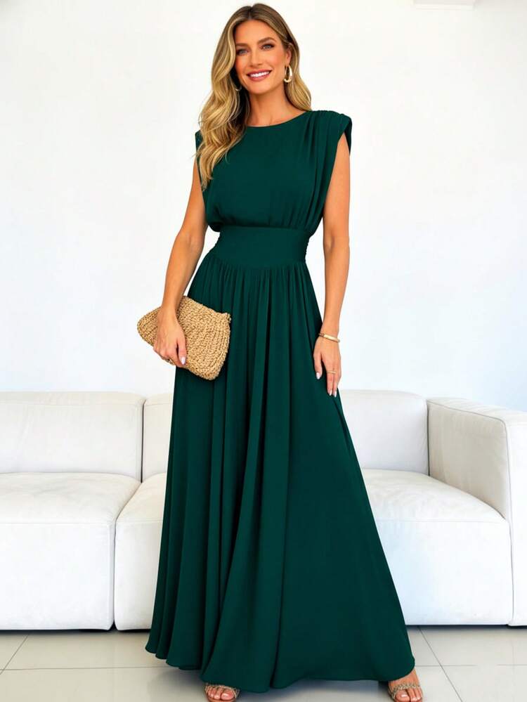 Effen, casual jurk met ruches in de taille, perfect voor vakantie of een avondje uit. Elegante zomerjurk voor een avondje uit. - Donkergroen - Bekijken 1