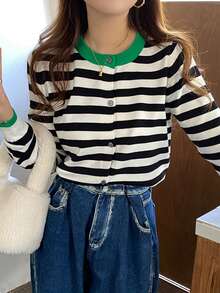 Contrast Stripe Button-Front Long Sleeve Cardigan For Women, Casual Wear, Spring & Autumn - Black and White - View 1