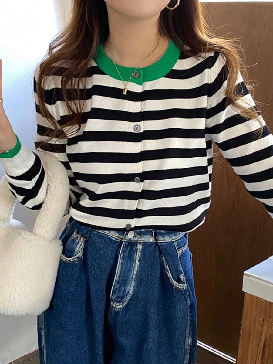 Contrast Stripe Button-Front Long Sleeve Cardigan For Women, Casual Wear, Spring & Autumn - Black and White - View 1