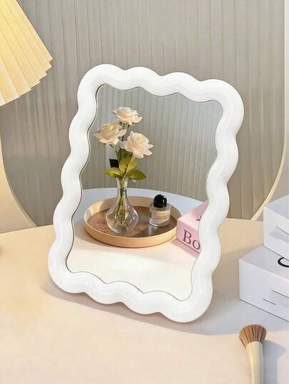 1个可爱化妆镜，奶油色波浪纹设计，可桌面/壁挂，适用于学生宿舍、梳妆台、办公室小镜子、化妆品、经济实惠、房间装饰、个人护理、旅行、卧室、化妆配件、镜子、梳妆镜、迷你镜、便携式镜子、小镜子、手持镜、卧室装饰
