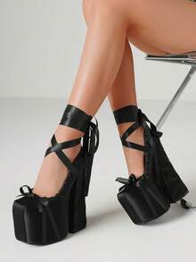 Women's Y2K Ballet Chunky High Heels Lolita Pumps Satin Mary Janes Platform Lace-Up Ribbons Wrap Bow Design Goth Sexy Cosplay Pumps Woman - 黑色 - 查看 2