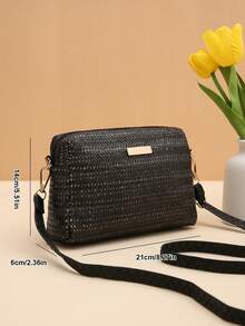 夏季草编斜挎包，女士沙滩单肩包，配有可拆卸肩带、拉链封口、小巧百搭设计、休闲外出手提包、尼龙内衬、女士钱包 - 黑色 - 查看 4