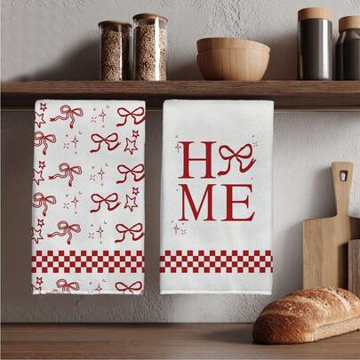 MEMNUN 2pcs Red Minimalist Bow Tie Illustration "HOME" Text Pattern Kitchen Towels, 15.75*23.62in(40*60cm), Made Of Super Soft Absorbent Microfiber, Perfect For Dish Drying, Tea Cups, Bathroom & Dining Decor, Cooking & Baking