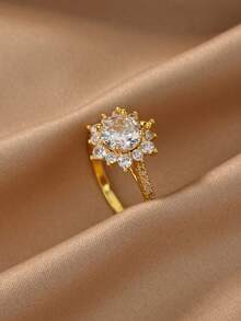 男女款立方氧化锆结婚订婚戒指，18K镀金向日葵造型戒指，奢华珠宝，度假派对生日日常礼物 - 1 - 查看 2