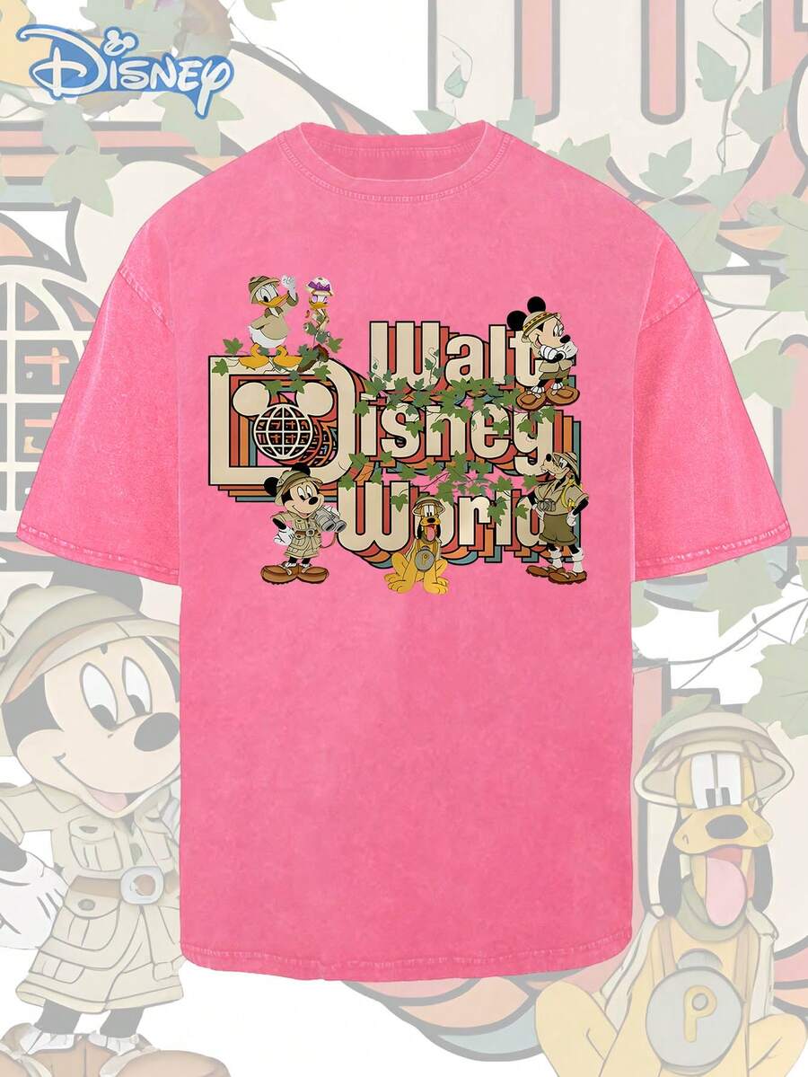 Disney Mickey Mouse And Friends Short-Sleeved Men's Summer T-Shirt, Distressed Effect, One-Piece Design, Pure Cotton Fabric, Comfortable And Breathable, Casual Outdoor Street Style, Crew Neck; A High-Quality Fashion Brand, It Is An Ideal Surprise Gift For Family And Friends. - 玫紅色 - 查看 1