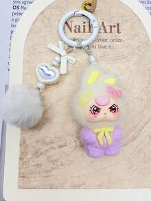 1pc New Flocked Ombre Asymmetric Ear Keychain, Fashionable Cute Cartoon Accessory, Bag Charm Keyring - Multicolor - View 8
