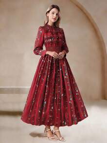 ELYRADIA Women's Fall Red Ruched Bodycon Dress With Floral Print & Ruffle Hem - Elegant Long Party Gown For Formal Occasions - Red - View 4