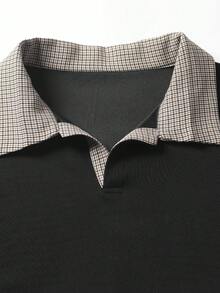 1件男士黑色短袖 Polo 衫，格紋拼色領口，抗皺易打理，成熟休閒風，適合夏季通勤休閒街頭穿搭。版型偏大，建議小一號購買以獲得更好貼合度 - 黑色 - 查看 7