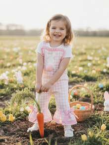 Monos para niñas, bonitos pantalones acampanados con lazos de conejo a cuadros, ropa de Pascua para uso diario informal. - Rosa - Ver 3