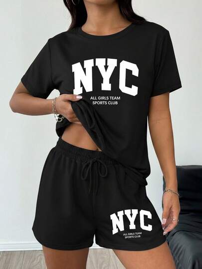 This Casual Crew Neck T-Shirt And Shorts Set Is Perfect For Lounging At Home Or Exercising. A Spring/Summer Essential. Features A Casual American-Style Slogan Print.