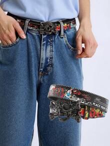 1pc Y2K Rhinestone Skull Buckle Belt, Graffiti Print Belt, Punk Gothic Waist Belt For Streetwear, Raves, And Party Outfits - Rhinestones - View 2