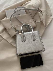 Túi xách nữ nhỏ hình vuông họa tiết đá, kiểu dáng thời trang mới, túi đeo vai hai quai xách họa tiết da cá sấu, dây đeo có thể điều chỉnh, đa năng cho du lịch và mua sắm. - Bạc - Xem 9