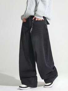 1pc Justice Brother Men's Loose Washed Denim Casual Baggy Wide Leg Jeans Pants (Excluding Belt/Accessories) - 深灰色 - 查看 4