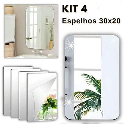 Kit 4 Espelhos Placa 30x20cm Adesivo Auto Colante Acrílico Boa Nitidez Retangular Decorativo Quarto Sala Banheiro