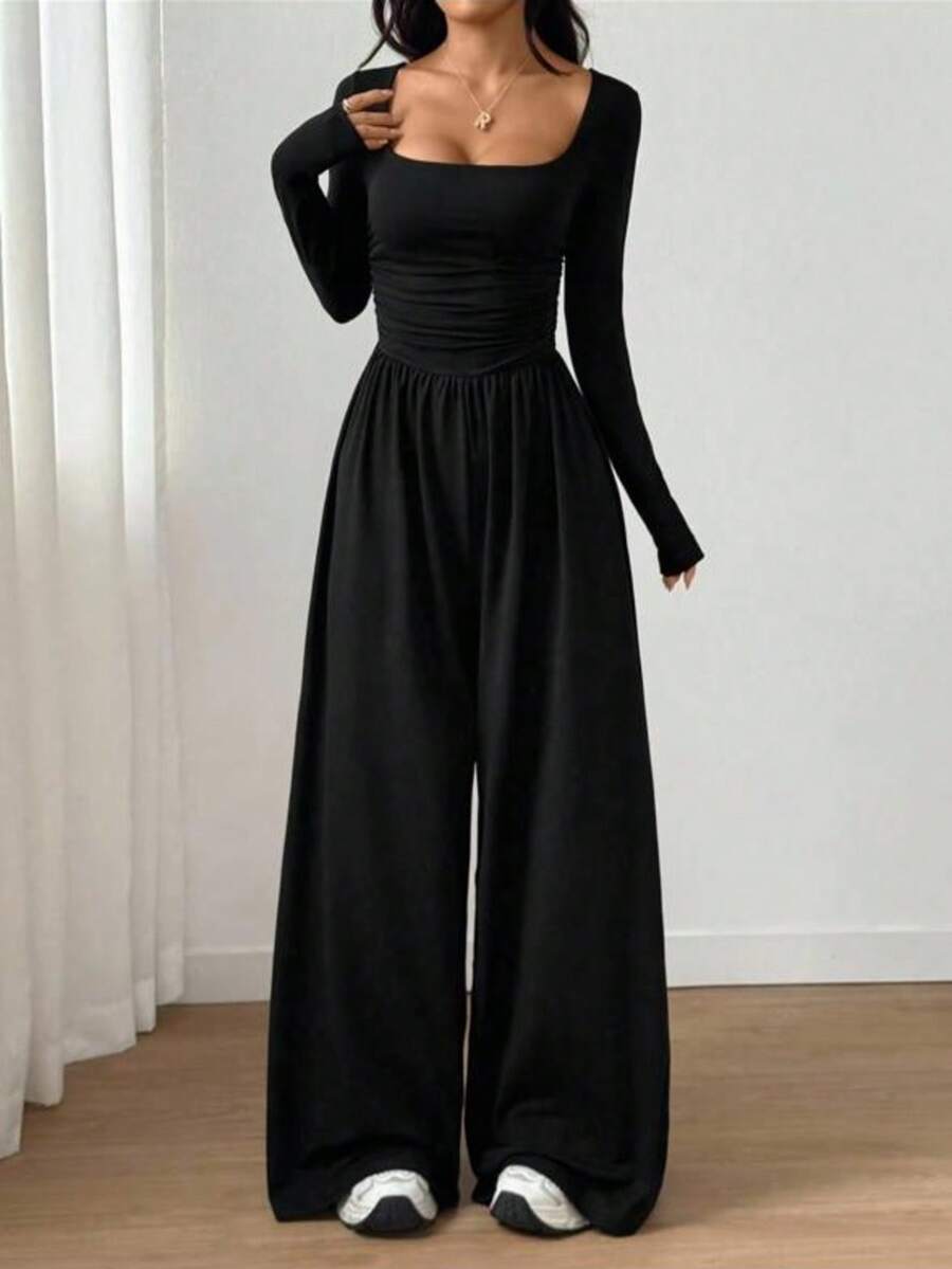 Palazzo - Enterizo Manga Larga , Escote Cuadrado, Mono, Bonito, Casual, Primavera-Verano, Super Estilo , - Negro - Ver 1