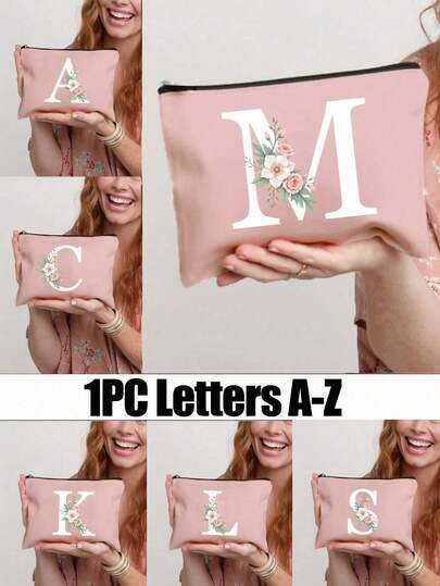 A-Z Floral Print Cosmetic Bag, Suitable As Gift For Girls, Cute Retro Minimalist Alphabet Pattern Print Storage Pouch, Small Items Organizer Makeup Bag, Toiletry Bag, Clutch, Foldable Lightweight Storage Bag, Minimalist Shopping Bag, Teacher's Day Gift, Suitable For Personal Travel Cosmetics Storage, Easter, Mother's Day, Graduation, Wedding Gift