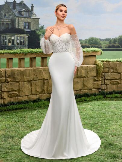 花瓣袖优雅正式晚礼服，美人鱼婚纱，新娘礼服