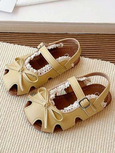 1 Pair Girls Floral Bow Decor Flat Non-Slip Comfortable Sandals