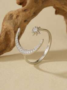 Nhẫn hở sang trọng, tinh tế bằng bạc Sterling S925 đính đá Zirconia hình trăng, sao, mặt trời lấp lánh, thích hợp để đeo hàng ngày. - Nhẫn Zircon - Xem 13