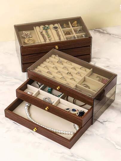 Three-Layer Jewelry Box, Wooden Jewelry Storage Box, Acrylic Jewelry Storage Box, Vintage Style Jewelry Storage Box, Drawer-Style Jewelry Box, Cosmetic Storage Box, Jewelry Storage Display Organizer For Displaying Rings, Earrings, Necklaces, Bracelets, Mother's Day Gift, Wedding Bridesmaid Gift, Birthday Gift, Friend And Teacher Gift, Ideal Gift For Women