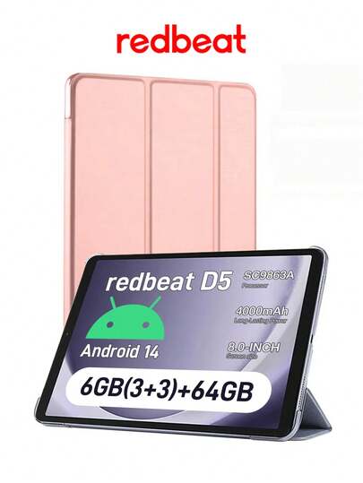  Tablet Redbeat C1 de 8 pulgadas HD+ - Para Android 14, procesador Quad-Core, 6GB de RAM (3+3), 64GB de almacenamiento, ampliable hasta 1TB, cámaras duales, diseño ligero, desbloqueo facial, compatible con teclado y ratón inalámbricos, adecuado para trabajo, estudio y entretenimiento