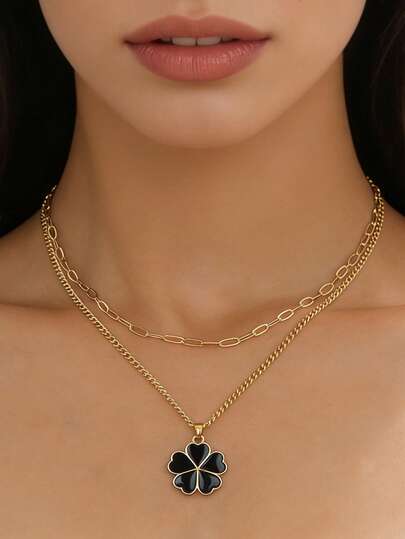 法式复古黑色花卉双层项链，女士珠宝，适合婚礼、派对、送礼