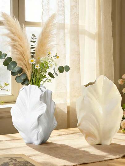 Artistic Irregular Fold Sculptural Resin Decorative Vase, Modern Waterproof Lightweight Flower Vase For Home Aesthetic Decor, Unique Textured Tabletop Decor Vase For Living Room Dining Table Coffee Table