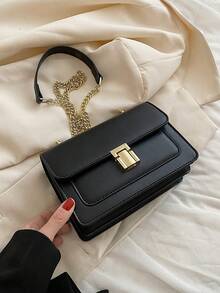 1个黑色PU材质优雅简约金属链条翻盖单肩包，适合女性日常通勤、外出、购物、旅行、聚会、派对、生日礼物，时尚百搭，适合派对和外出场合。 - 黑色 - 查看 6