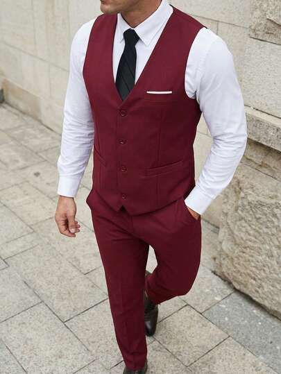 WindsorQuad Furuyal Men's 3 PiecesSuit, Elegant Solid Color Slim Fit Gentleman's Set Including Vest, Trousers And Tie, Suitable For Business, Wedding, Party, Formal Occasions, Deep Wine Red, Size XS-3XL