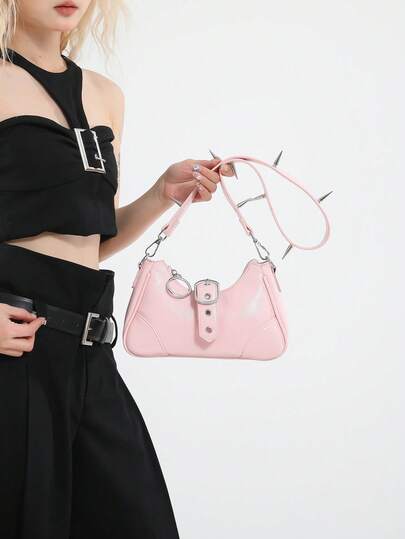 Nueva llegada Bolso baguette con tachuelas: Bolso versátil para la cintura y el hombro para amantes de la moda con estilo. Bolso de hombro de cuero patentado elegante: Diseño con hebilla y tachuelas, disponible en 3 colores audaces para mujeres. Bolso de hombro de cuero patentado con estilo 2026: Detalles de tachuelas y hebilla, perfecto para looks de ropa urbana y de club